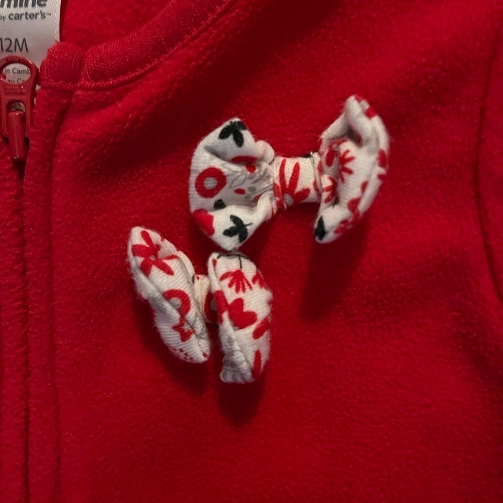 Carter’s | red fleece zip up coat with black and white bows| 12 mo - Picture 2 of 5